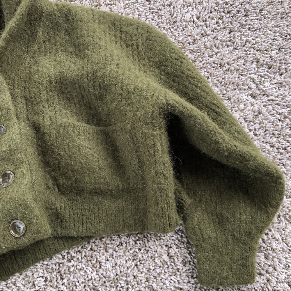 Ozma Of California Cropped Cardigan Sweater Womens XS Olive Green Baby Alpaca - Picture 4 of 10